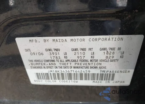 2007 Mazda Mazda3 S Touring z USA, uszkodzony, nr VIN JM1BK343671642459